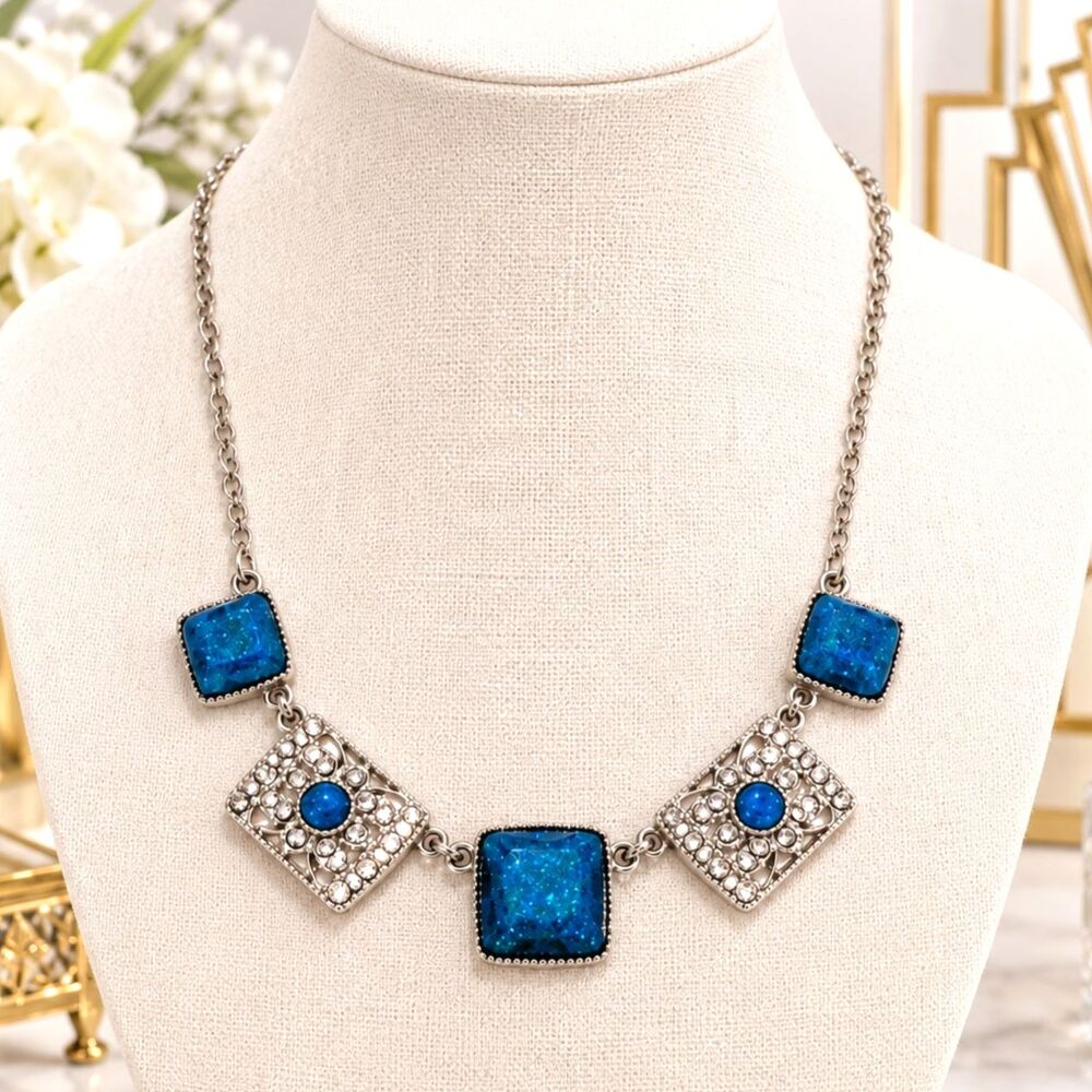 LIZ CLAIBORNE Silver Blue Art Deco Inspired Rhinestone Necklace